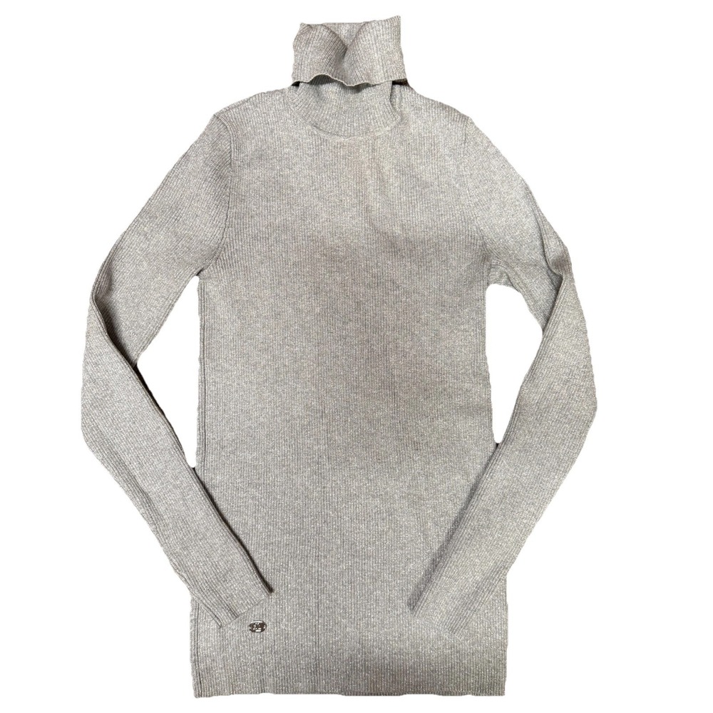 Lauren Ralph Lauren Rib Knit Turtleneck Sweater Gray Metallic Women Small Tunic